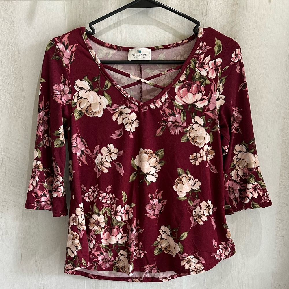 5 for $10 Floral Burgundy V-Neck Blouse by Threads